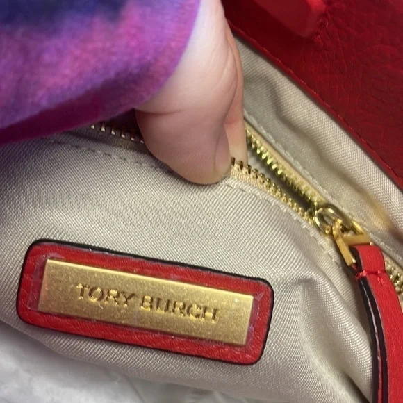 Tory Burch Red Leather Tote Gold Chain Strap Shoulder Bag Large Logo - Picture 3 of 7